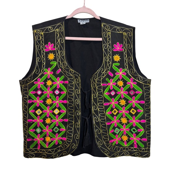 Rhythms Jackets & Blazers - y2k Black Embroidered Mirror Vest Women's 2X Boho Festival Mirrorwork Tassel Tie